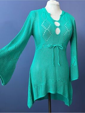 Turquoise Knit Tunic Swim Cover-Up with Waist Tie